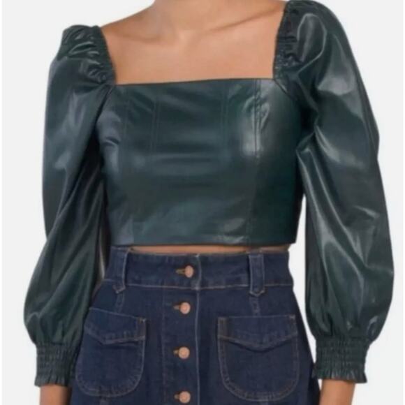 7 For All Mankind Faux Leather Crop Top Green Winter Steampunk Whimsygoth S - Picture 1 of 9